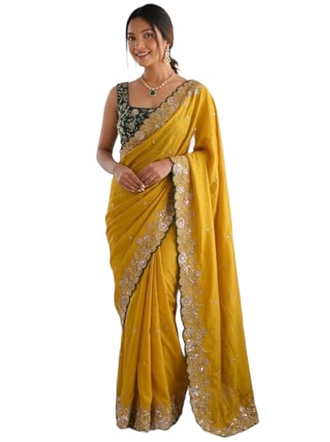 Image of ORHANS Women's Chiffon Saree with Unstitched Blouse Piece Heavy Embroidery Work | Beautiful Saree for Women | Traditional Indian Sari Stylish | Fashionable Saree Modern Design