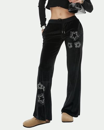 Velvet Star Rhinestone Flare Pants for Women, Bootcut Low Rise Drawstring Bell Bottoms, Y2K Streetwear2