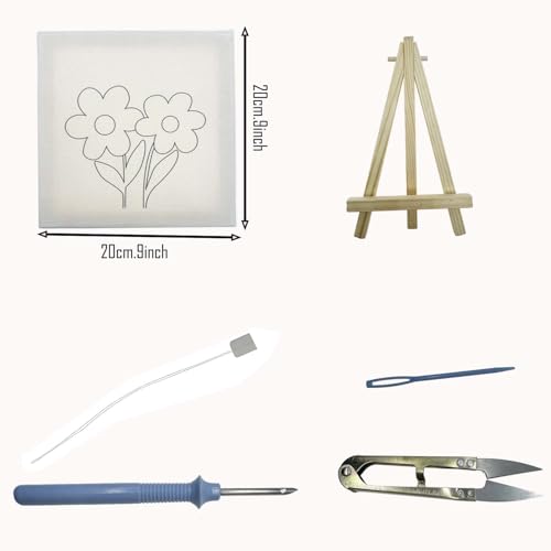 Image of Allazone Punch Needle Starter Kit, Embroidery Frame With Square Fabric, Flower Pattern, Hoop, Yarns (Yellow and Pink Flowers)