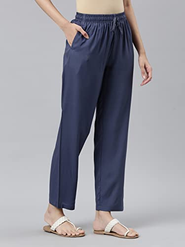 Image of GO COLORS Women Solid Mid Rise Relaxed Fit Viscose Casual Pants
