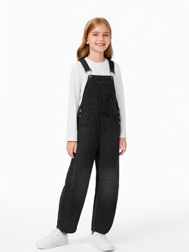 Haloumoning Denim Jumpsuit Mädchen Jeans Latzhose Kinder Ärmelloses Lange Hosen Overall Casual Loose Fit Strampler mit Taschen, Schwarz, 11-12 Jahre