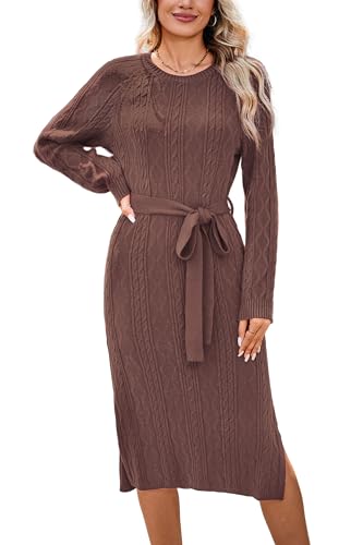 STYLEWORD Strickkleid Damen Langarm Pulloverkleid Schlitz Winterkleid Zopfmuster Midi Herbstkleid mit Gürtel(Dunkelbraun,L)