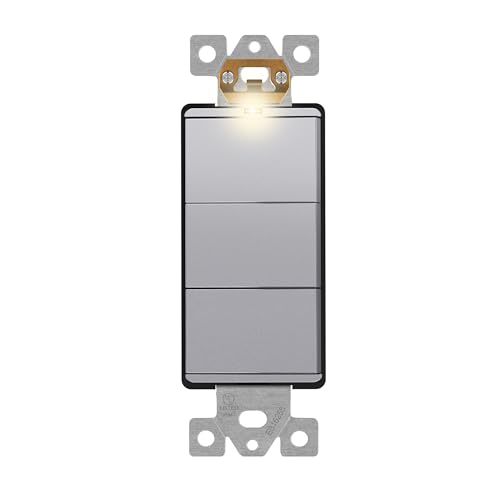 Image of LIDER Minimalist Design Lighted Triple Switch, Combination Frameless Decorator Switch with Locator Light, Ground Terminal, Single Pole, 15A 120-277V, UL Listed, Thermoplastic, Matte Silver, 1-Pack
