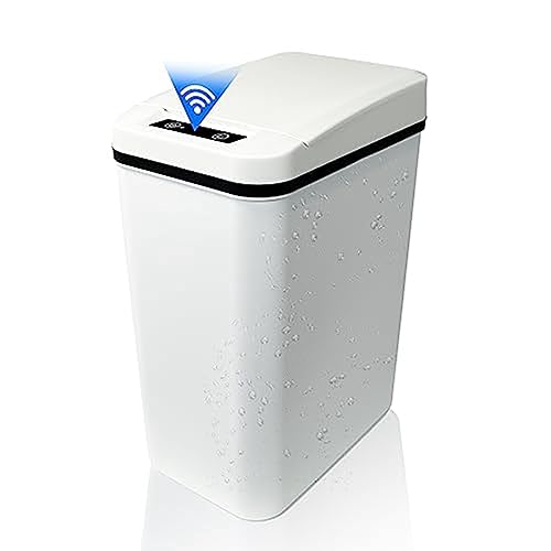 Sujurio 1 cubo de basura automático sin contacto para baño con tapa, blanco, delgado, estrecho, plástico, inteligente, sensor de movimiento, cubo de basura cubierto