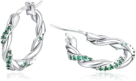 Sfoni Silver Hoop Earrings for Women - 925 Sterling Silver Hoops Earrings for Girl Hypoallergenic Twist Hoops Earrings, 20mm Blue/Green/White Cubic Zirconia Hoops with Jewellery Box & Gift Card