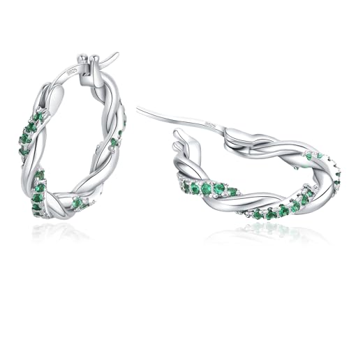 Image of Sfoni Silver Hoop Earrings for Women, Hypoallergenic Sterling Silver Twist Hoop Earrings Lightweight Huggie Hoops Jewellery Gift for Birthday Christmas, 20mm / Green Stone