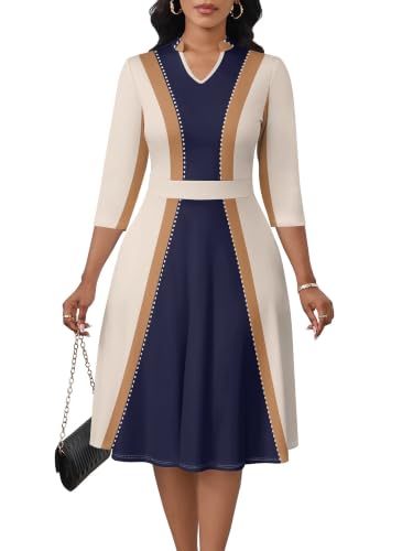 Image of PinkPatty Women's Casual A-line Midi Dresses 3 /4 Sleeve V Neck Fit and Flare Dress with Pockets