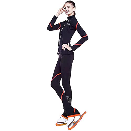 Calças de lã para meninas patinação artística espiral calça preta para mulheres, Laranja, 8-10 Years