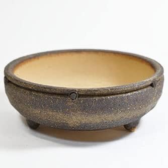 Bonsaiyo Flower Pot, Ceramic Pot, Bonsai Pot, Wild Plant Pot, No. 5, Brown, Brown, Round, Shallow Type, Fine Pattern Medium, Width 5.9 x Height 2.4 inches 15 x 6 cm, Bottom Net Wire Set, Stylish Shigaraki Ware