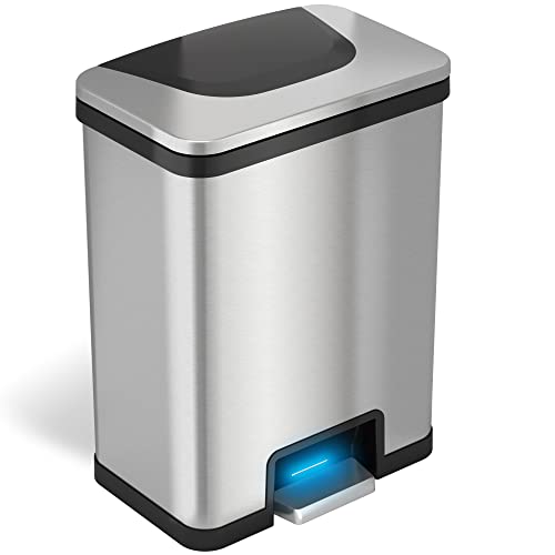 Image of iTouchless AutoStep Step Sensor Trash Can with Odor Filter System, 13 Gallon, Kitchen Garbage Bin, Stainless Steel (No AC Adapter, Power by Batteries not Included)