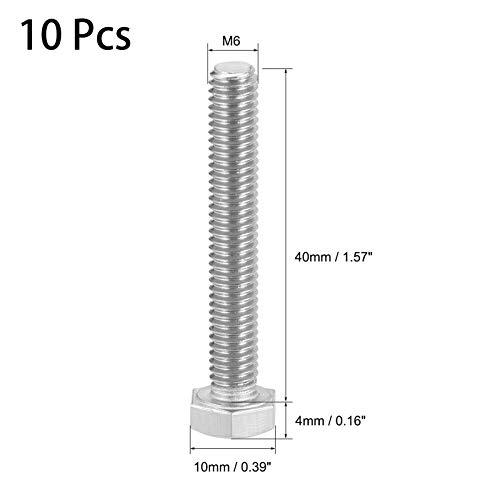 Image of 10 Pcs M6 Hex Bolt M6-1 x 40mm UNC Hex Head Screw Bolts A2-70(304) Stainless Steel Fully Threaded Hex Tap Bolts,Fully Threaded (M6 x 40mm)