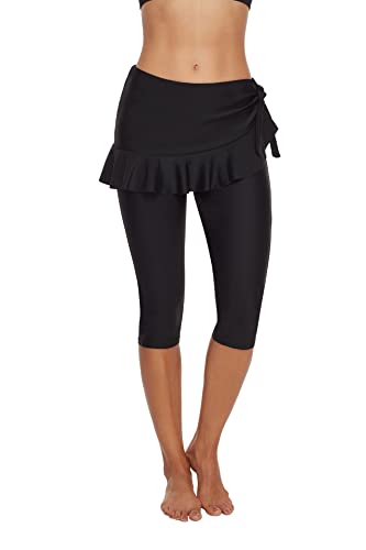Collants de bain femme avec jupe intégrée et legging capri extensible noir