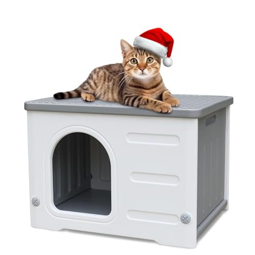 Plastic Cat House for Indoor & Outdoor Cats - Spacious, Sturdy Bed for Small Pets - Assemble Easily - Grey