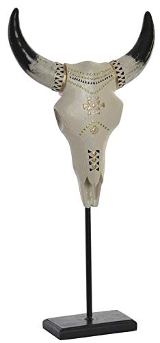 Figurine crâne de vache gravée chef-d'œuvre artisanal avec cornes sur socle