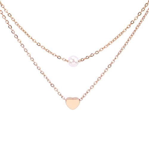 LEGITTA Damen Mehrreihige Choker Halskette mit Perle Anhänger Rose Gold Geschichtete Layer Ketten mit Liebe Herz für Frauen Mädchen Cover