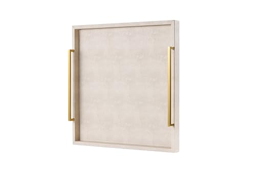 24"x24" Oversized Square Ottoman Tray for Living Room, Extra Large Ivory Shagreen Leather Decorative Tray for Coffee Table,Wooden Serving Trays for Dinner Party (Ivory -Gold Handle, 24")
