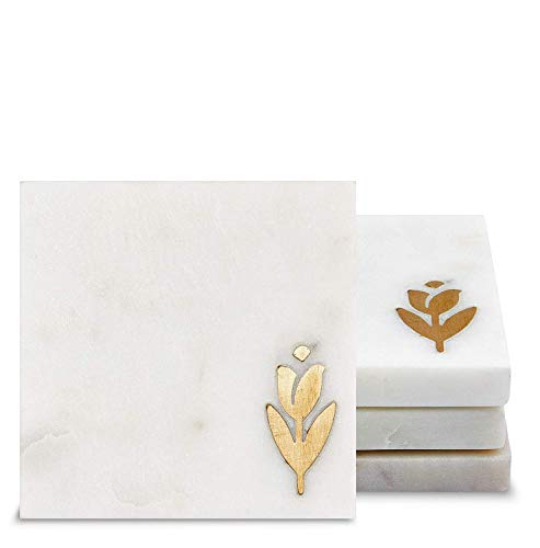 Hampstead Marble Coasters for Drinks - Set of 4 Handcrafted Modern Coasters - 4 Inches Wide Drink Coasters - White Marble Square Coasters with Gold Brass Tulip Inlay Square