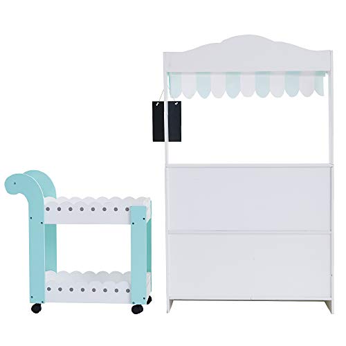 Image of Teamson Kids My Dream Bakery Shop Dessert Stand and Rolling Pastry Cart Interactive Wooden Play Set with 18 Pretend Baked Goods, White and Mint Green with Gray Polka Dot Accents