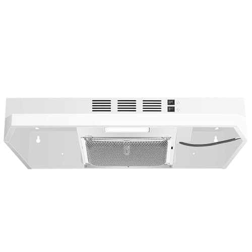 SNDOAS 24 inch Range Hood 230 CFM Under Cabinet Range Hood White Hard Wired Ductless Range Hood Convertible Ducted White Spray Painting Stainless Kitchen Hood with 2-Speed Fan Rocker Switch