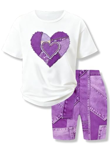 Voxikidio Teen Girl Clothes Summer Heart Print Tight-Fit 2 Piece Short Set Trendy Girls Outfits Size 13 14 Years Old Purple Szie 13-14