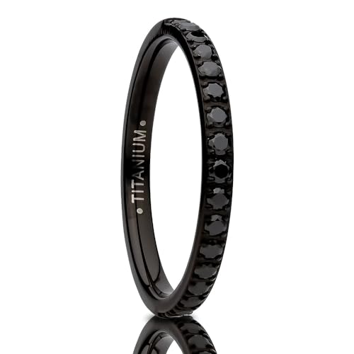 OVIEDO JEWELRY 2mm Black Eternity Ring Titanium Wedding Ring CZ Anniversary & Engagement Ladies Eternity Comfort Fit