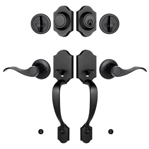 LOQRON Double Front Door Handle Set with Dummy and Deadbolt, Entry Front Door Lock Set with Classic Half Grip Curved Door Handle for Exterior Doors or Office, Matte Black