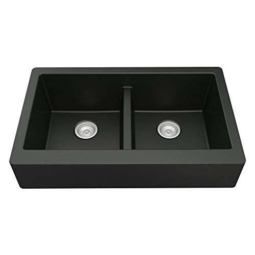 Karran Retrofit Farmhouse Apron Front Quartz Composite 34 in. Double Bowl Kitchen Sink in Black