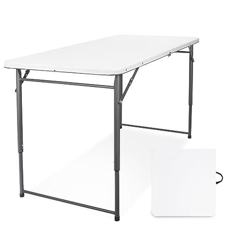Image of Byliable Folding Table 4 Foot, Portable Plastic Card Heavy Duty Fold-in-Half Small Foldable Table, Indoor Outdoor Adjustable Height Folding with Carrying Handle for Picnic, Camping, Party, White