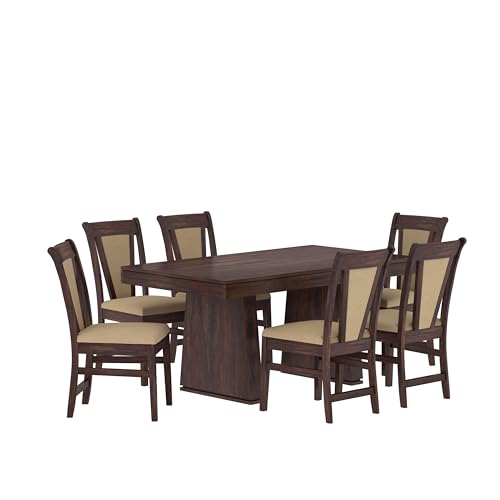 Image of Solid Wood 6 Seater Dining Table | Sheesham Wood Six Seater Dining Table with Cushion Chairs | Wooden Furniture Dinner Table with 6 Chairs | Walnut Finish with Cream Upholstery