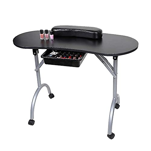 4HOMART Yvonne&F.L.A.M. Manicure Nail Table Station Portable Folding Nail Art Desk Workstation Manicure Table with Wrist Pad Drawer and Rolling Wheels Black