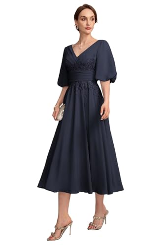 Tea Length Mother of The Bride Dresses for Wedding Chiffon V Neck Formal Evening Party Dress AU132