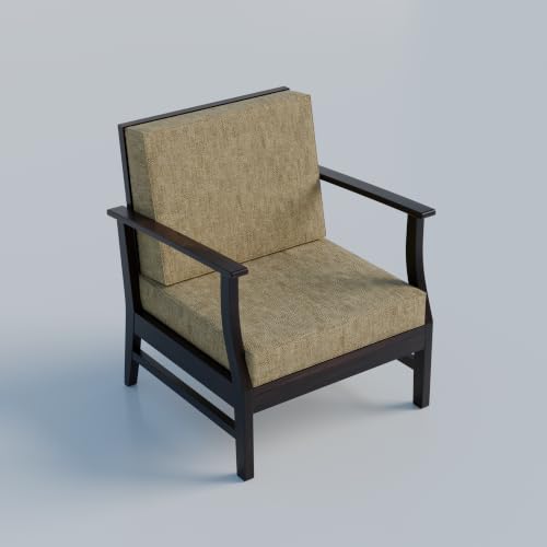 Image of Krishna Wood Decor Wooden Armchair Home Furniture Solid Sheesham Wood Single Seater Sofa Cum Chair Set of 2 Patio,Outdoor,Garden Chair, Balcony Indoor Sofa Stool, Beige Cushions,Walnut Finish