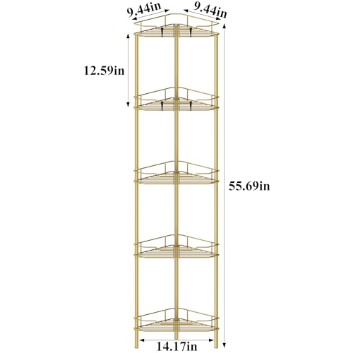 Image of HuggieGems 5 Tier Floor Standing Corner Shower Caddy Organizer Shelf with Hooks, Bathroom Shelves Stand Rack, Gold