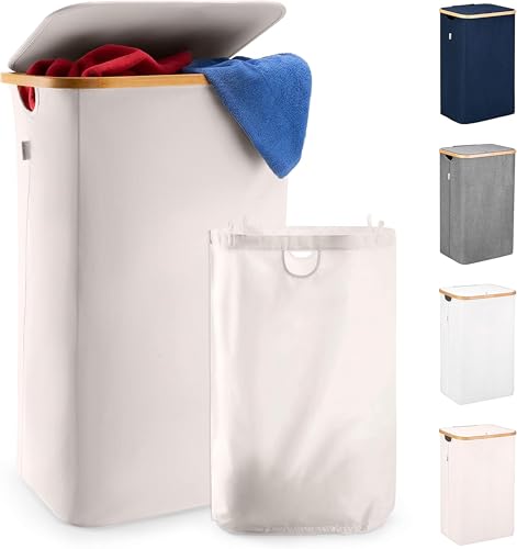 LONBET 100L Cesto Ropa Sucia con Tapa y Estructura de Bambú - Cubo Ropa Sucia Estético con Bolsa Extraíble, Asas Cómodas y Tela Transpirable para Uso Diario Eficiente - Laundry Basket, Beige