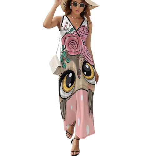 Robe longue d'été sans manches à motif chouette pour femme