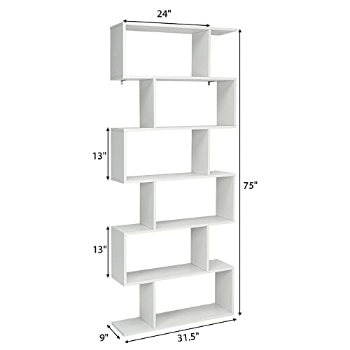 Tangkula 6 Tier S Shaped Bookshelf, 31.5''L X 9''W X 75''H, Wooden Bookcase And Bookshelves W/Anti-Toppling Device, Room Divider Display Shelves For Living Room, Home Decor, 6 Shelf Bookshelf #TOP2