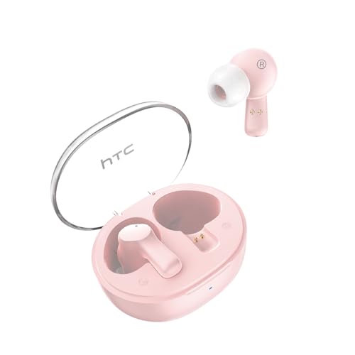 HTC True Wireless Earbuds 1 Bluetooth 5.3 Earphones, in-Ear Headphone ENC Noise Cancellation with Transparent Charging Case, 32-Hour Playtime/Built-in Mic/Touch Control -Crystal Pink