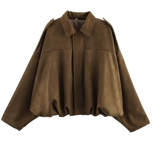Csvinkiko Women's Faux Suede Bomber Jacket Oversized Pilot Coats Fall Lapel Zip Up Motorcycle Streetwear Outerwear(Brown, Medium)
