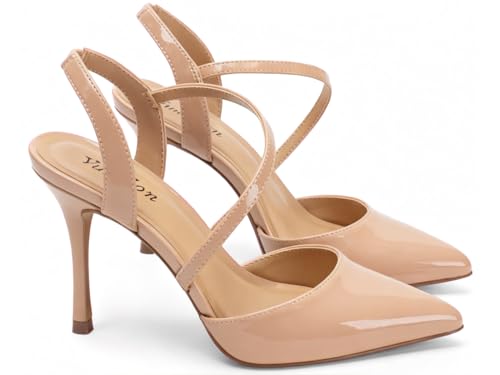 Image of Closed Toe Slingback Heels Wedding High Stiletto Heel for Women 3.3 Inch Ankle Strap Pointed Toe Pumps Prom Dress Bride Shoes for Dinner Party Sexy