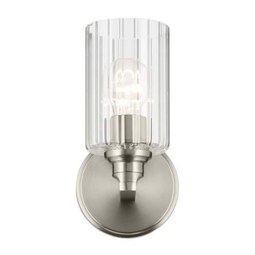 Image of Kichler Gioe 5 inch 1-Light Wall Sconce with Clear Fluted Glass in Brushed Nickel, Damp Rated, for Powder Room, Kitchen, Hallway, Bedroom, Fireplace, (5 inch W x 9.5 inch H), 55224NIFLU