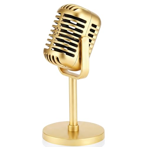 Retro Microphone Props Model Vintage Microphone with Stand Plastic Fake Micro Phone for Podcast Music Studio Jazz Rock and Roll Birthday Party Antique Props Decorations(Gold)
