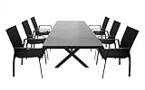 DEGAMO Gartengarnitur Sitzgruppe Almada 7-teilig, 6X Stapelsessel aus Aluminium anthrazit und gepolstertem Textilgewebe in schwarz + 1x Ausziehtisch Aluminium + Glas 180/240x100cm, anthrazit