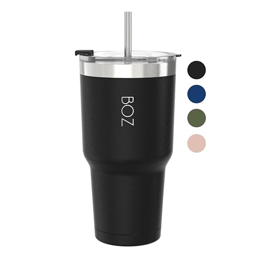 BOZ Bicchiere Termico con Cannuccia e Coperchio (900 ml, Nero) – Tazza con Cannuccia per Bevande Calde e Fredde in Acciaio Inossidabile – Bicchiere con Cannuccia Adulti Senza BPA