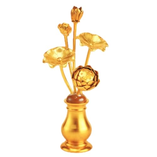 Lamantt手作りの仏像用蓮花瓶、模造花の花束、金箔の蓮の花、彩色された家庭用仏像飾り、籐製の花セット(花瓶を含む)、金箔の蓮の仏具 (金箔アルミニウム花瓶,小さい)