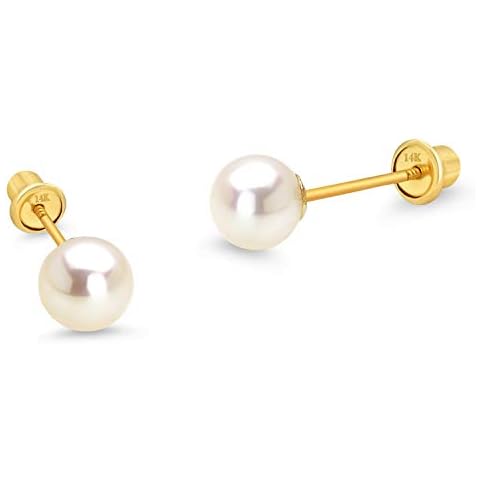 14k Yellow Gold Simulated Pearl Children Screw Back Baby Girls Earrings 6mm Cover
