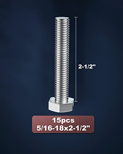 Image of 5 /16-18 x 4-1 /2 inch (1 /2 to 6 inch Optional) Hex Head Screw Bolt, Stainless Steel 18-8(304), Fully Threaded,15pcs