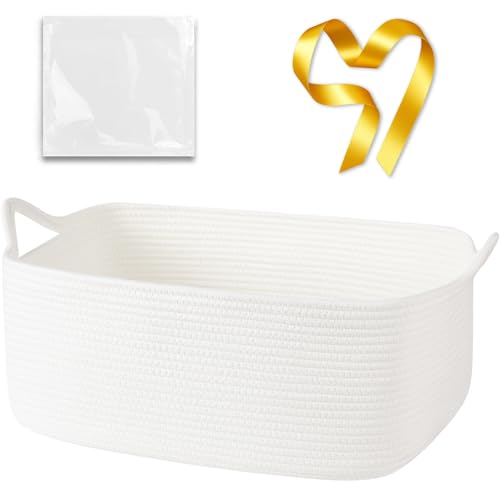 Image of OIASKET Large Empty Cotton Rope Gift Basket with Handles, 18.9 inchx13.8 inchx7.8 inch Decorative Woven Storage Basket with Gift Bag and Ribbon Set for Baby Shower, Toy Organizer for Kids, Dogs & Cats - White