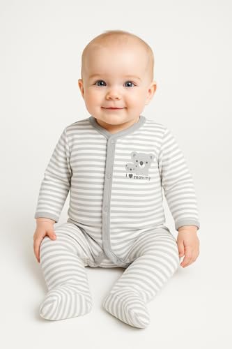 TuddyBuddy 100% Cotton Footed Romper SleepSuit for Baby (0 Months-3 Months, Pack of 2 - Grey Stripes & Pink Rainbows) - Image 3 thumbnail