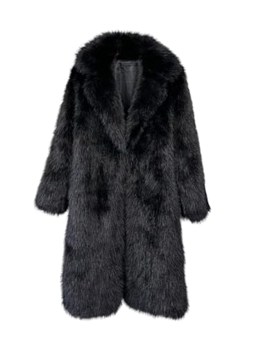 Vickstco Fluffy Black Faux Fur Long Outwear Parka Overcoat Coat