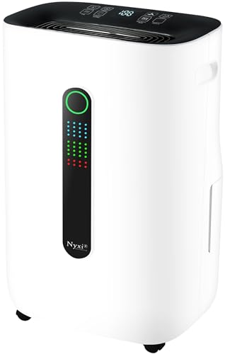 Image of Nyxi 4,500 Sqft / 50 Pints Compressor Dehumidifier, Smart Digital Humidity Control, XL Water Tank 1.7 Gallon, Drain Hose Option, 24-Hour Timer, Removes Moisture for Home, Laundry, Office